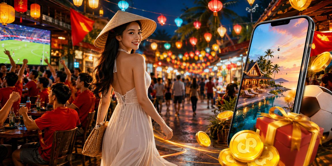 Người phụ nữ đội nón lá tại Phú Quốc chơi casino mobile bên bãi biển